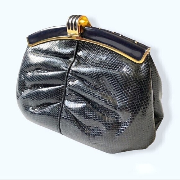 60s- 70s Finesse La Model Snakeskin Navy Blue Clutch Shoulder Bag Gold Hardware - Picture 3 of 15